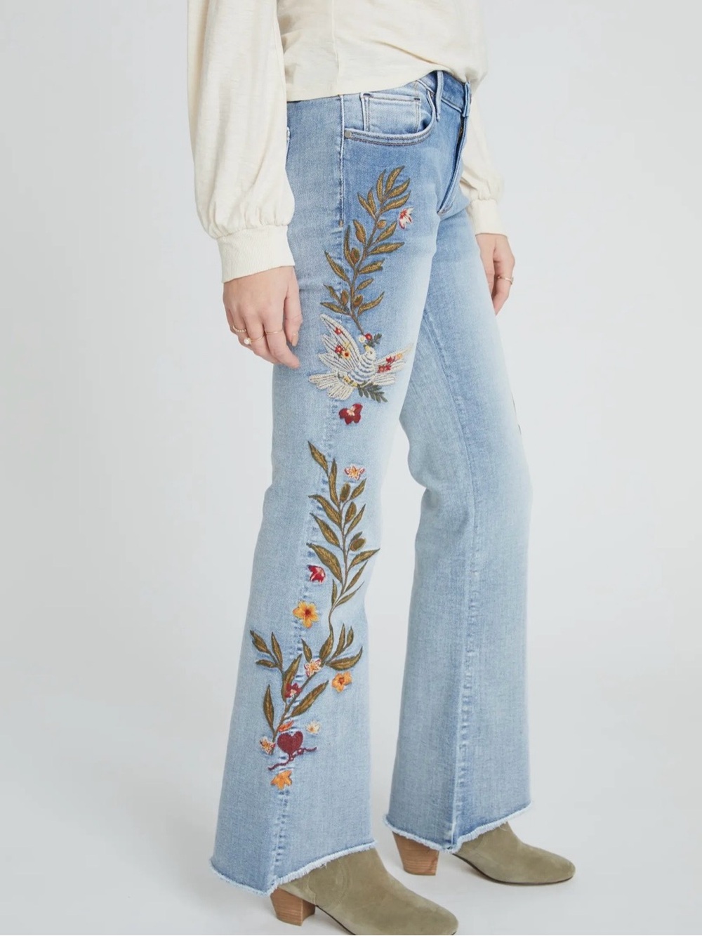 NEW Driftwood Eva Peace On Earth Bird Floral Embroidered Wide Leg Jeans size 27